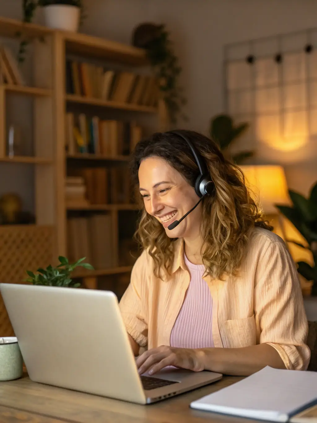 A professional receptionist smiling while efficiently managing multiple calls in a modern office setting, showcasing VoiceConnect's reliable call handling.