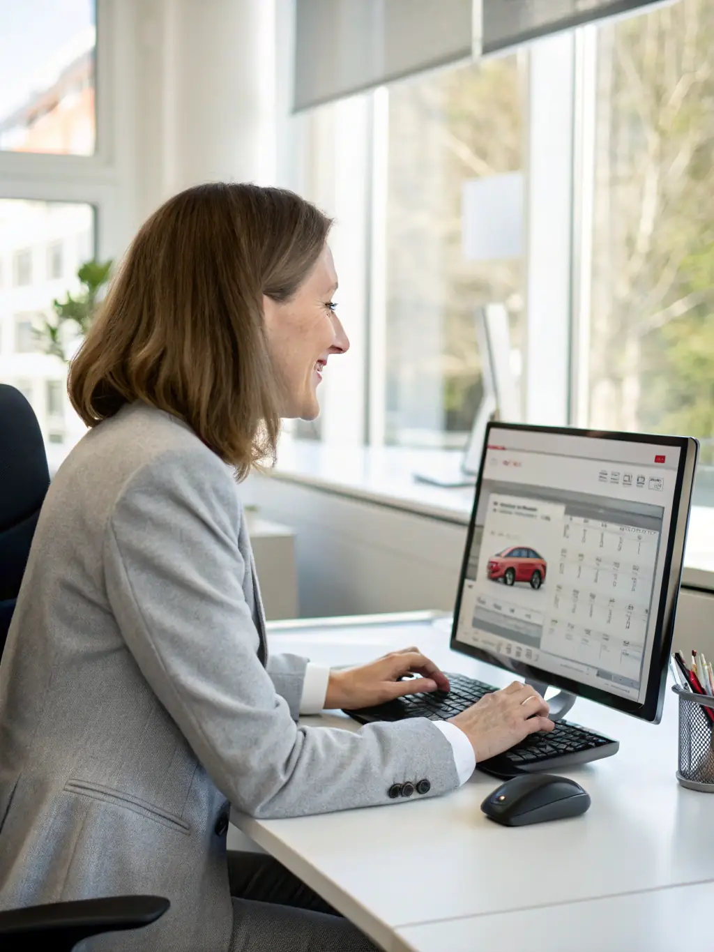 A friendly receptionist scheduling appointments on a digital calendar, representing VoiceConnect's streamlined scheduling services.