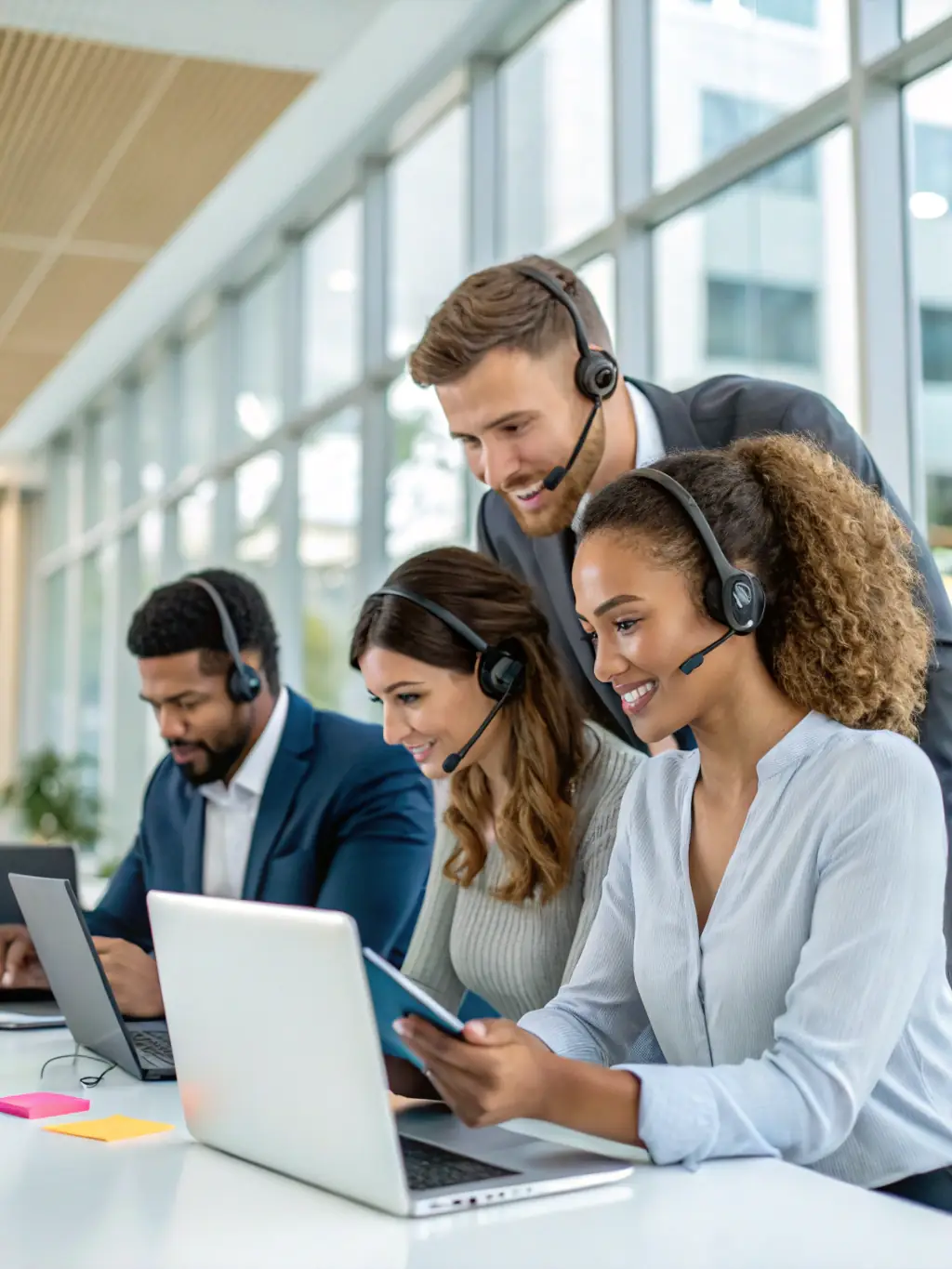 A diverse team of remote receptionists collaborating seamlessly through advanced communication technology, emphasizing reliability.