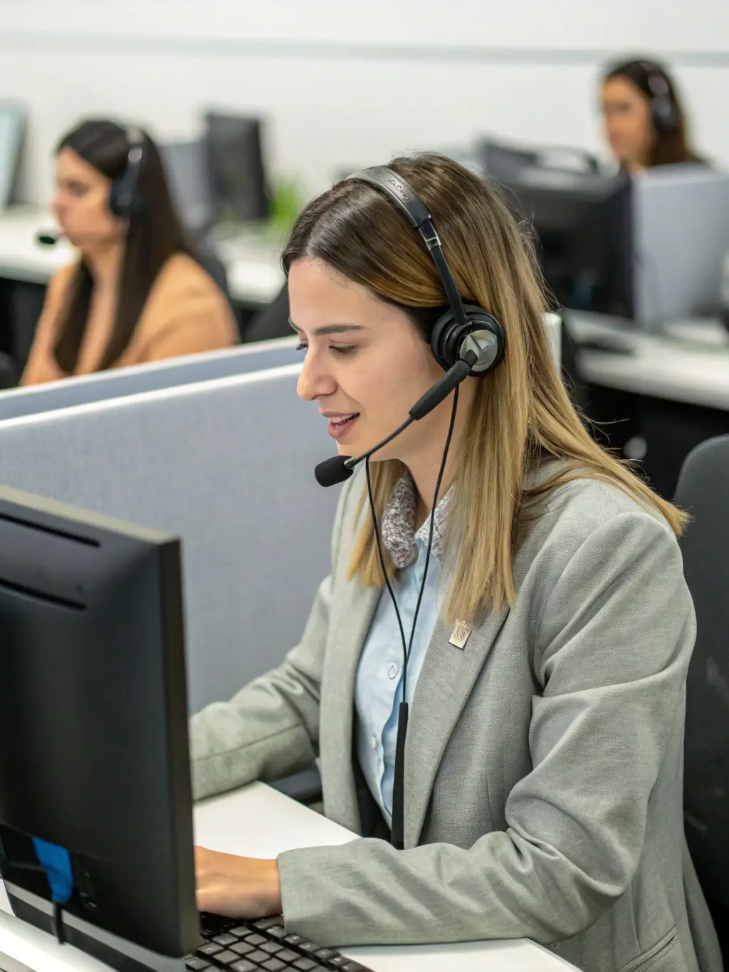 A friendly, smiling remote receptionist answering a call in a bright, modern office setting, showcasing the human touch in customer service.