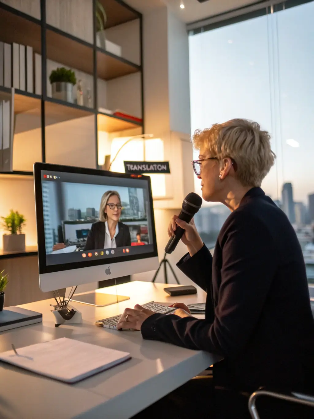 A friendly, professional remote receptionist answering a call with a headset in a modern office setting, representing VoiceConnect's call handling service.